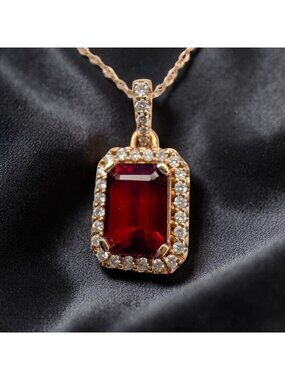 14K Rose Gold -Natural Indian Garnet & Halo Diamond Necklace- 18" -2.3g